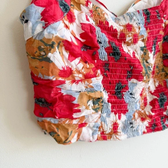 New! ASTR • Ruched Bustier Crop Top in Red Multi Floral - Picture 5 of 9